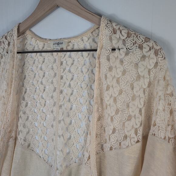 Umgee Cardigan Womens S/M Beige Sheer Crochet Lace Boho Drape Hem 3/4 Sleeve - Picture 6 of 12